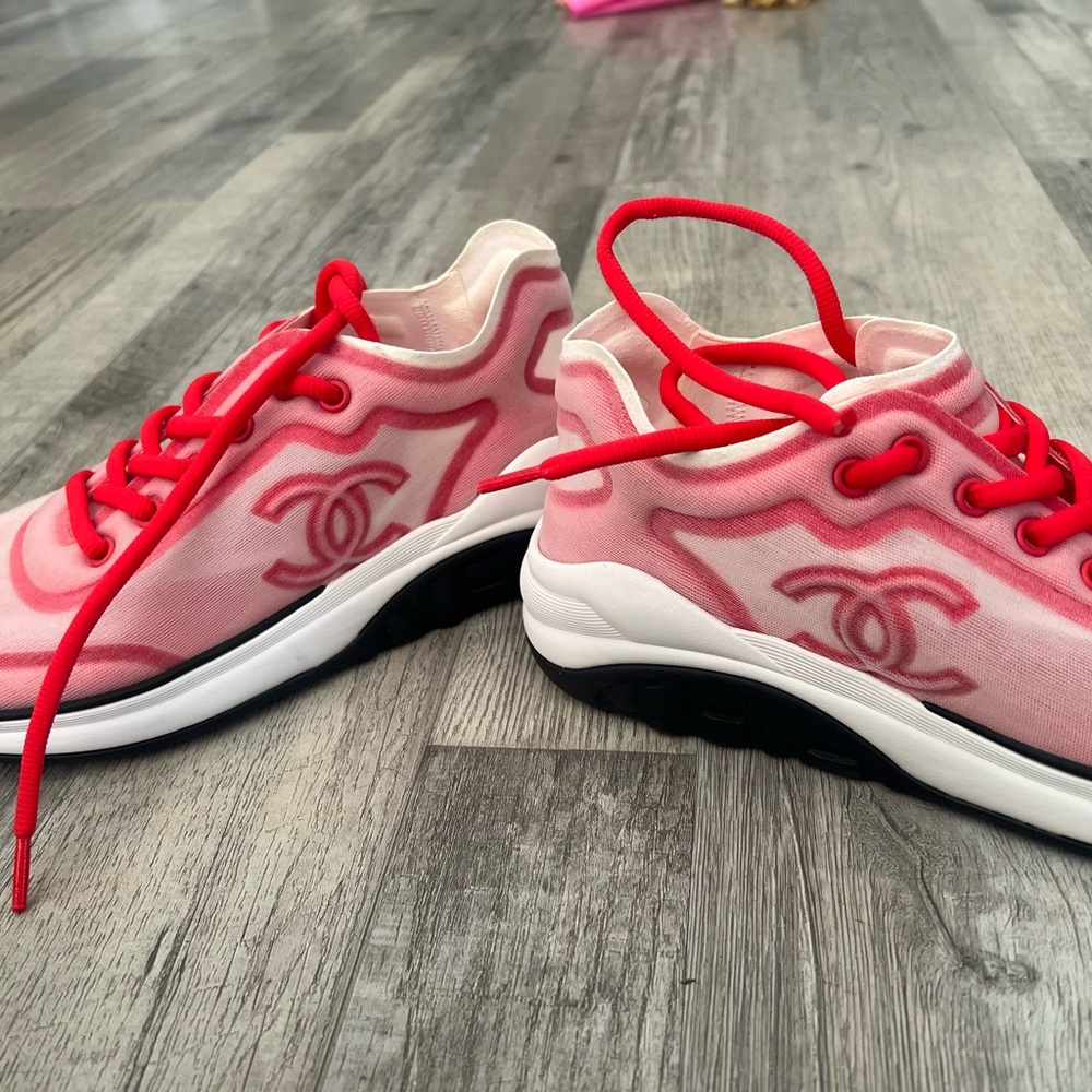 CHANEL Red and White Sneakers